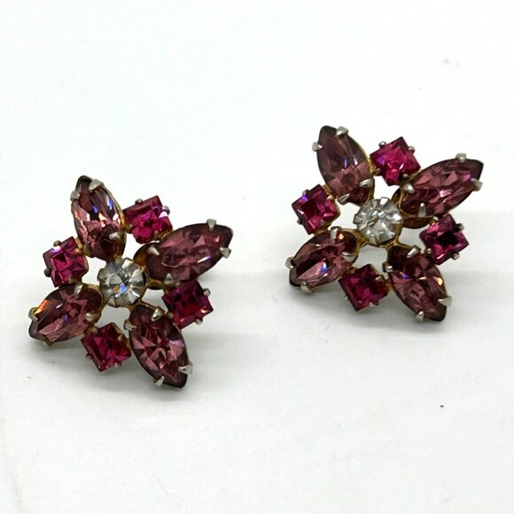Vintage Floral Starburst Pink & Clear Rhinestone Silver-Tone Screw Back Earrings - Picture 3 of 8
